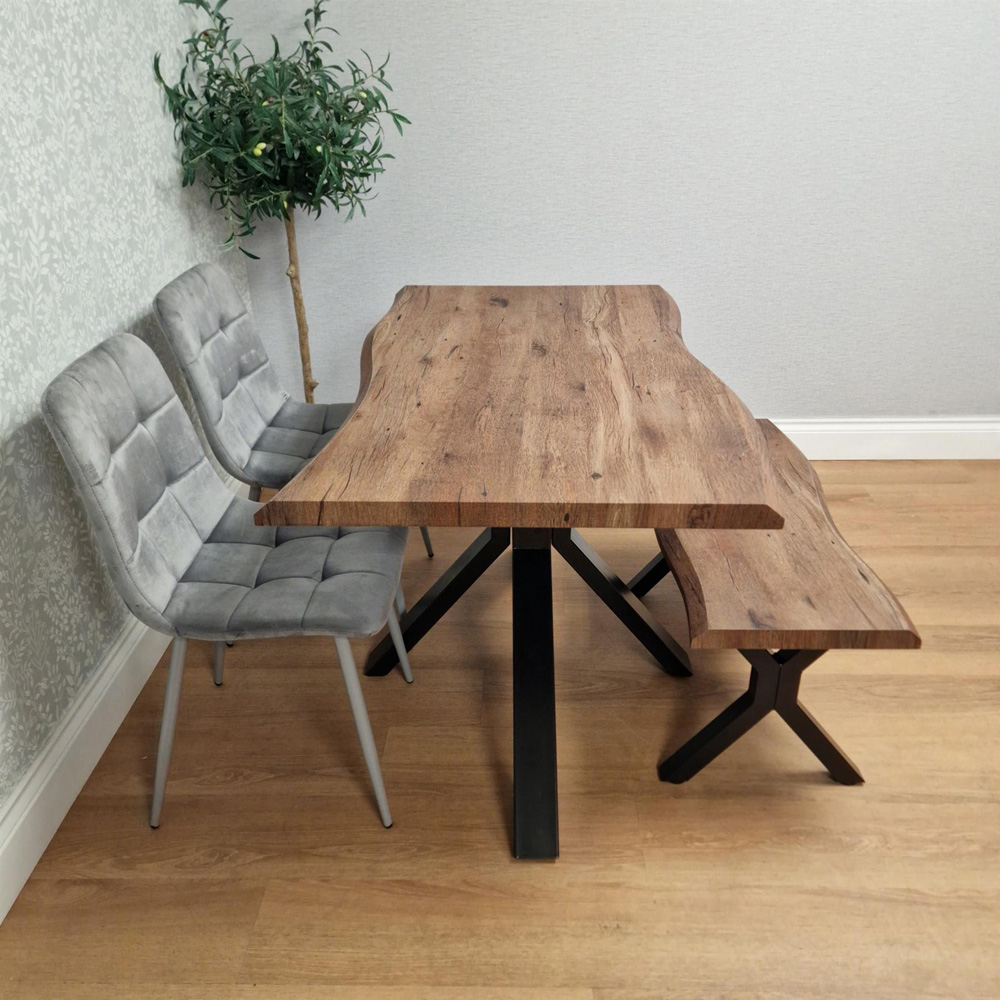 Kosy Koala 4 Seater Wooden Effect Velvet Dining Set with Bench Rustic Brown and Grey Image 4