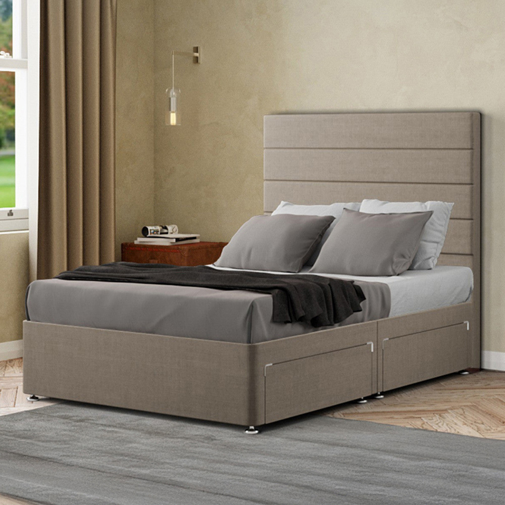 Portland George Small Double Beige Linen Divan Bed with 2 Drawer and Headboard Image 1