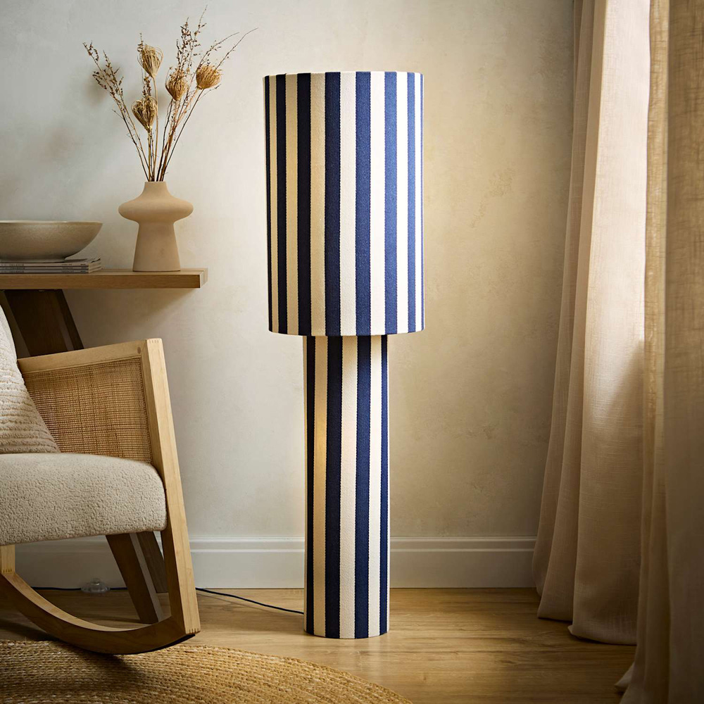 ValueLights Florence Navy Blue Pinstripe Linen LED Midi Floor Lamp with Bulb Image 6