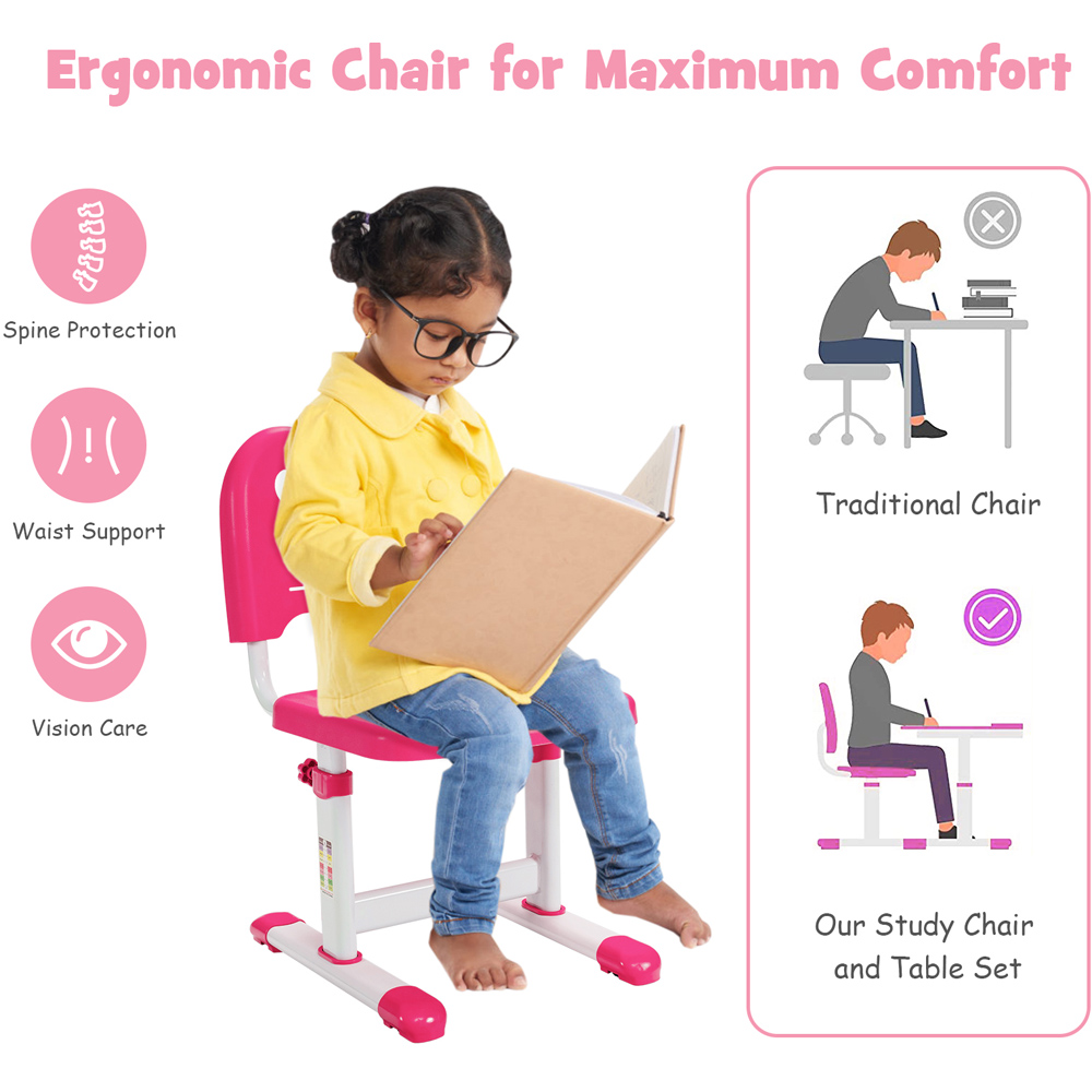 Costway Adjustable Pink Kids Study Table and Chair Set Image 6