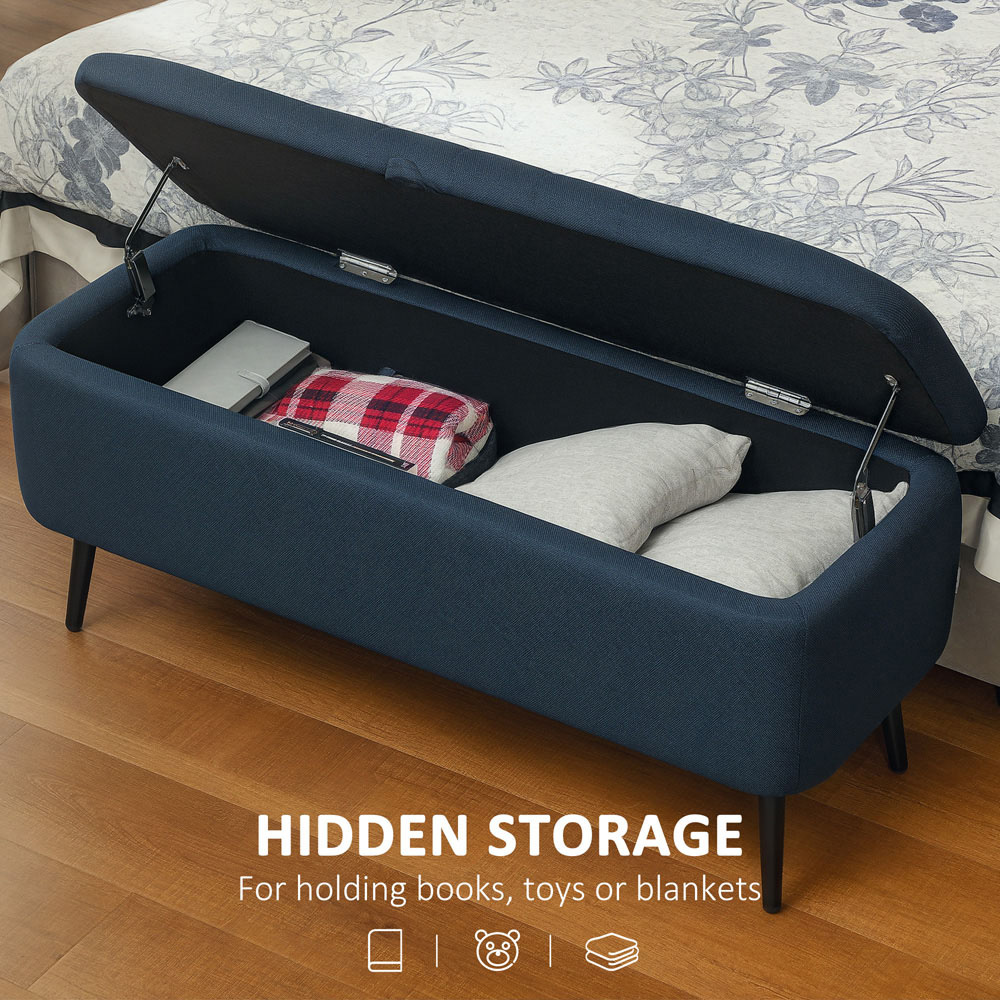 HOMCOM Blue Linen Fabric Storage Ottoman Bench Image 7