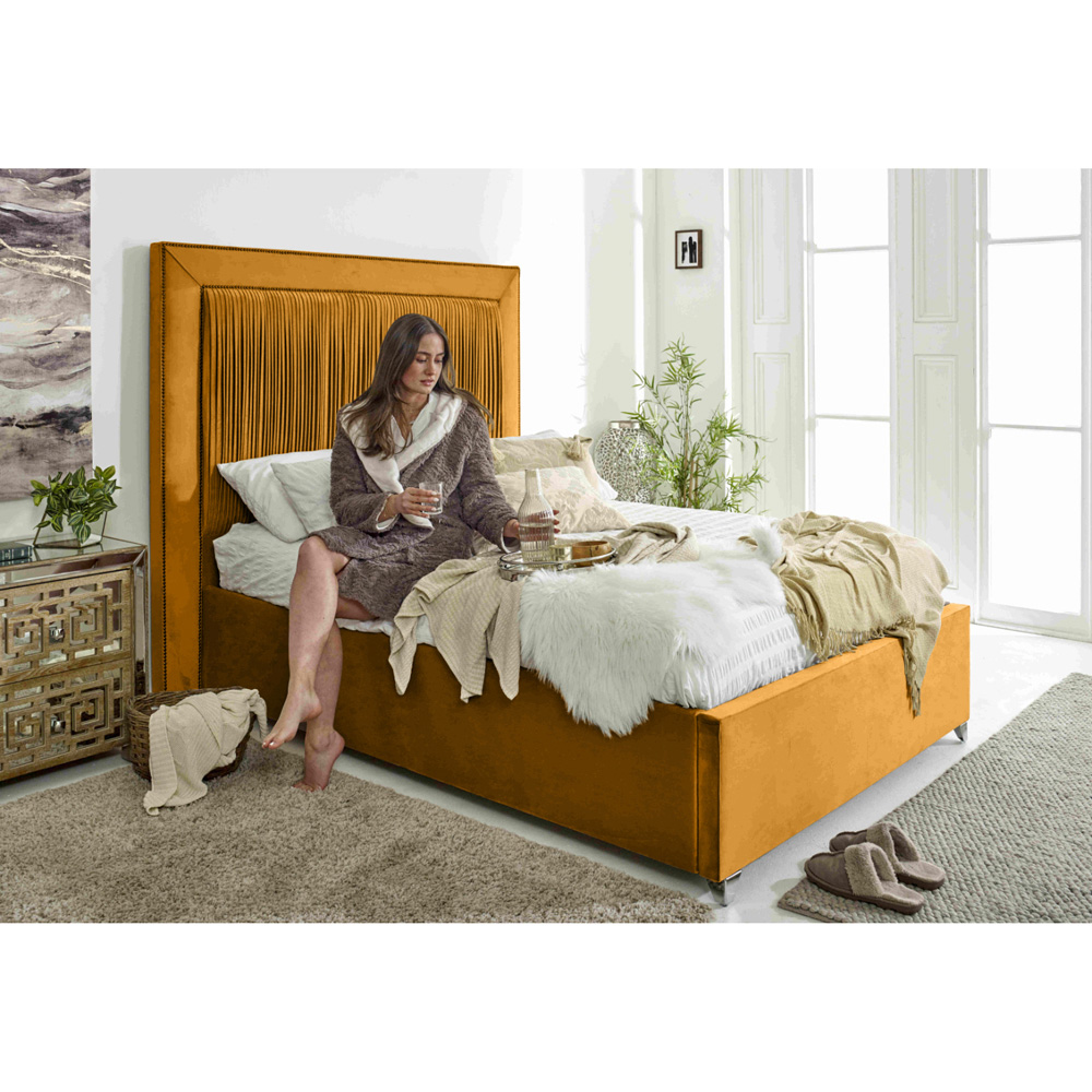 Eleganza Alexandra Super King Size Mustard Plush Velvet Bed Frame with Pleated Headboard Image 4