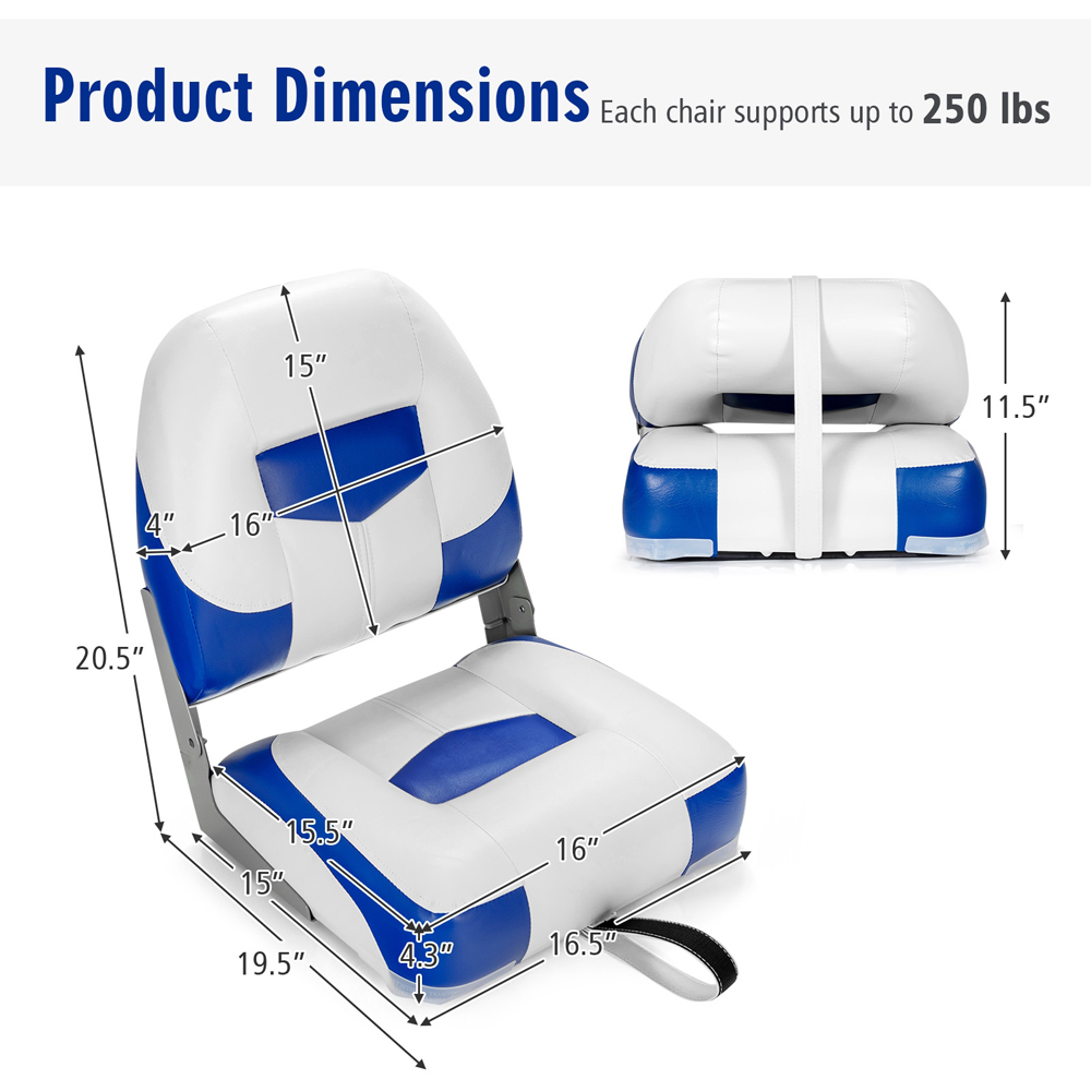 Costway Blue Folding Low Back Boat Chair Set with Long Fixation Strap Set of 2 Image 9