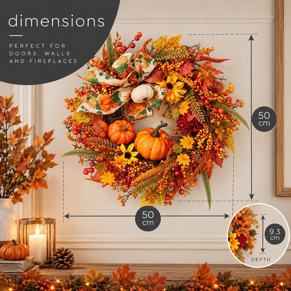 Neo Yellow Artificial Autumn Wreath with Pumpkins and Sunflowers 50cm Image 7