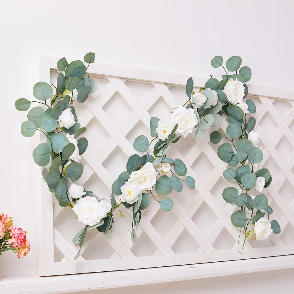 Living and Home Green and White Rose Eucalyptus Artificial Vine Garland 185cm Image 7