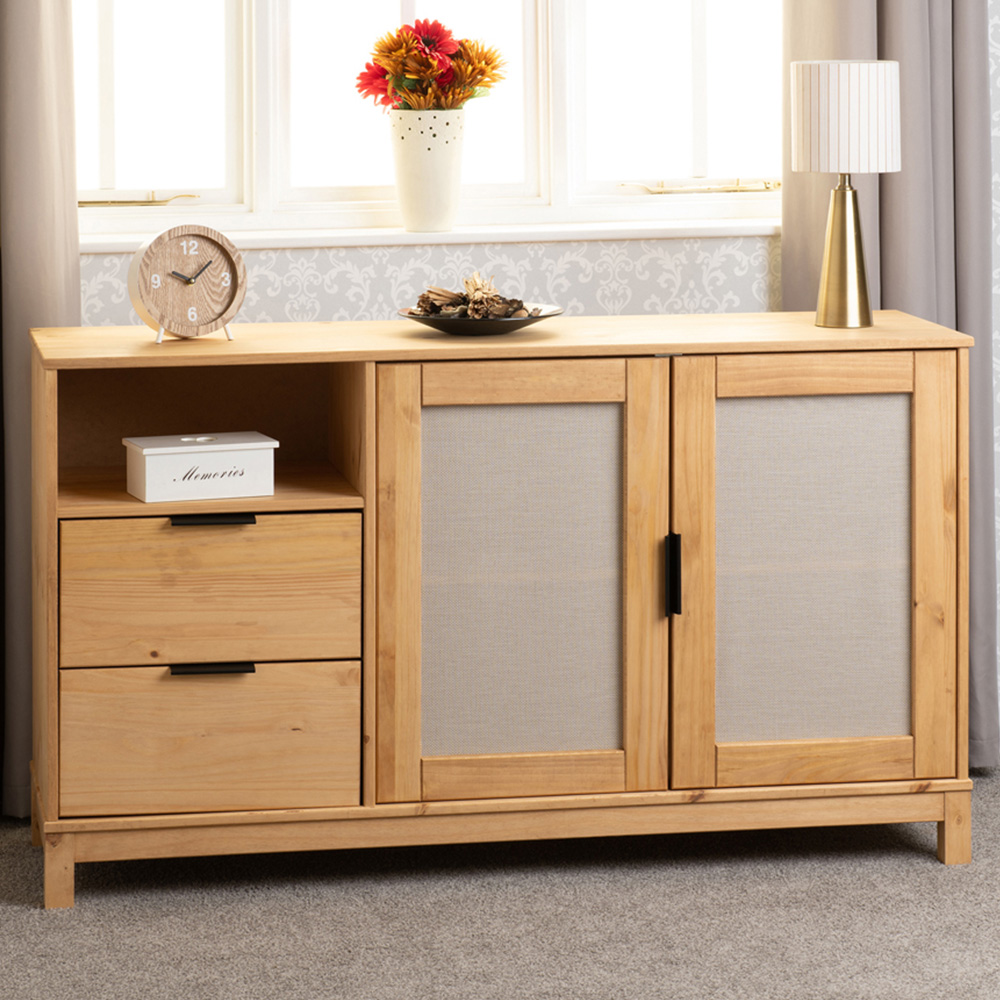Seconique Corona 2 Door 2 Drawer Distressed Wax Pine Rattan Effect Sideboard Image 1