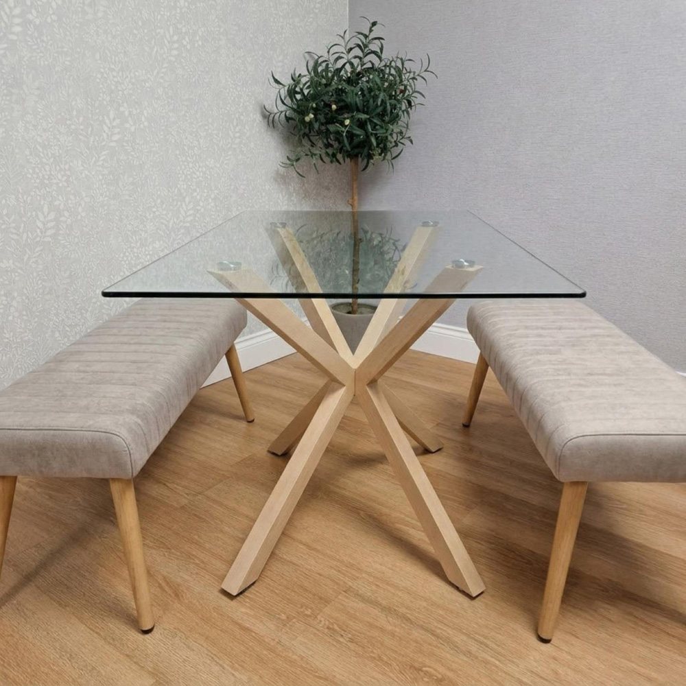 Kosy Koala 4 Seater Tempered Glass Velvet Dining Bench Set Beige Image 5