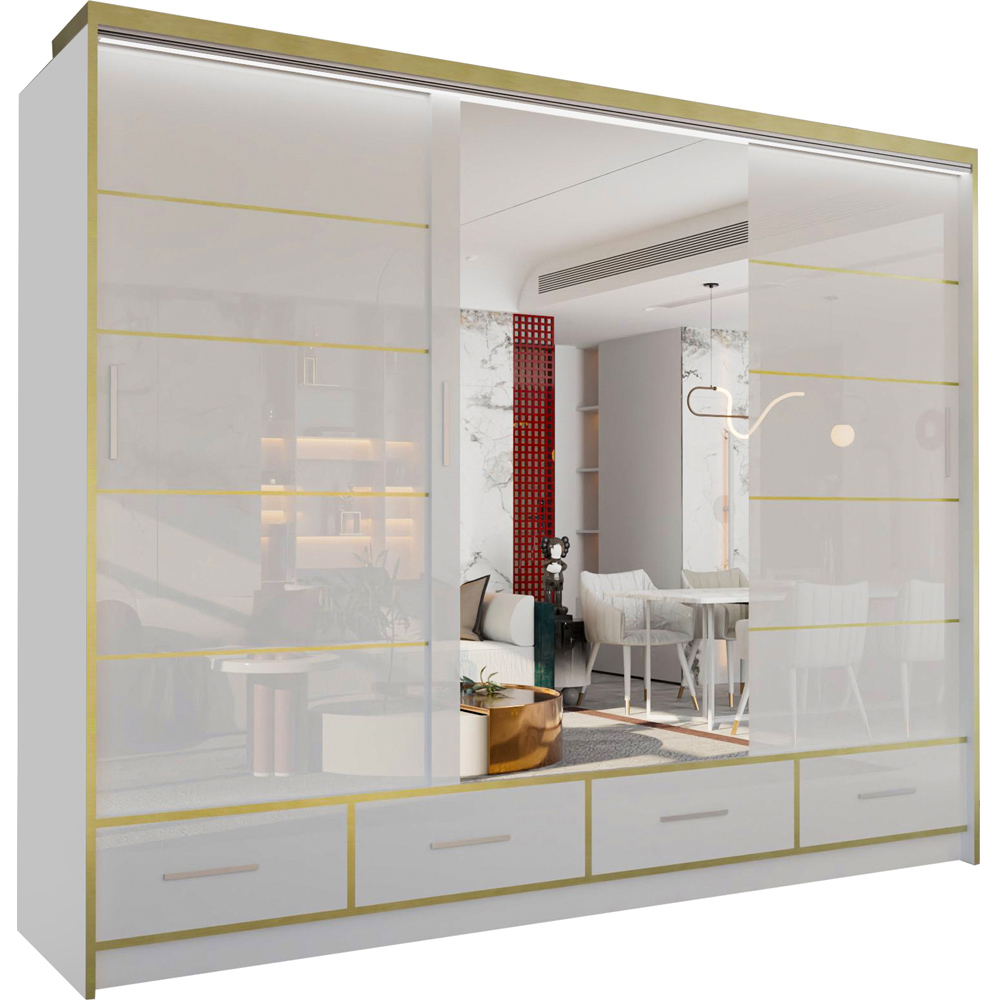 M N Furniture Silora 3 Door 4 Drawer White and Gold High Gloss Mirrored Sliding Wardrobe 253cm Image 2