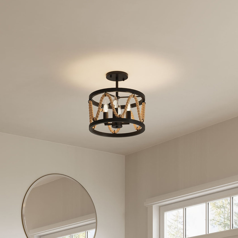 Living and Home 4 Light Black Metal and Hemp Rope E14 Ceiling Light Image 3