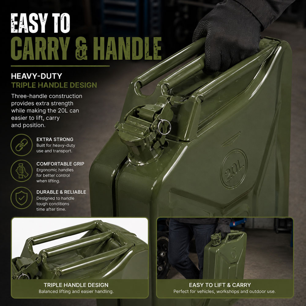 Autojack JC20L 20L Green Steel Heavy-Duty Triple Handle Jerry Can with Flexible Spout Image 3
