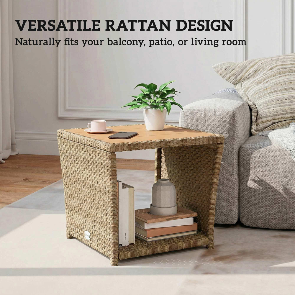 Outsunny Single Shelf Khaki Rattan Side Table Image 8