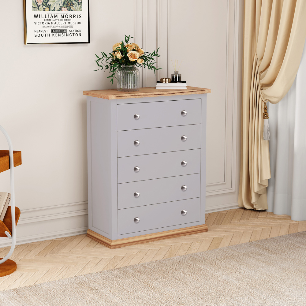 Cabinet Bits Biccari 5 Drawer Grey Chrome Knob Chest of Drawers Image 8