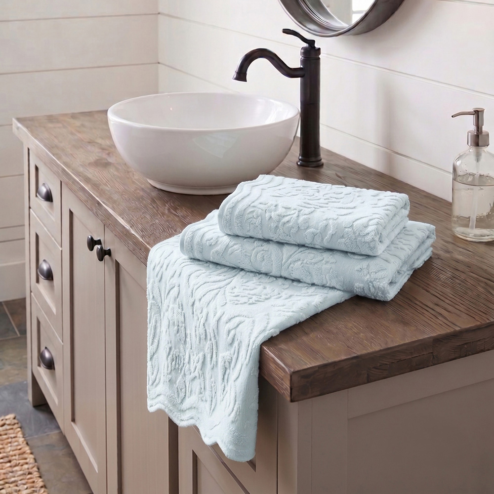 Allure Bath Fashions Gracie Baby Blue Floral Jacquard Scalloped Hand Towel 50 x 85cm 2 Pack Image 2
