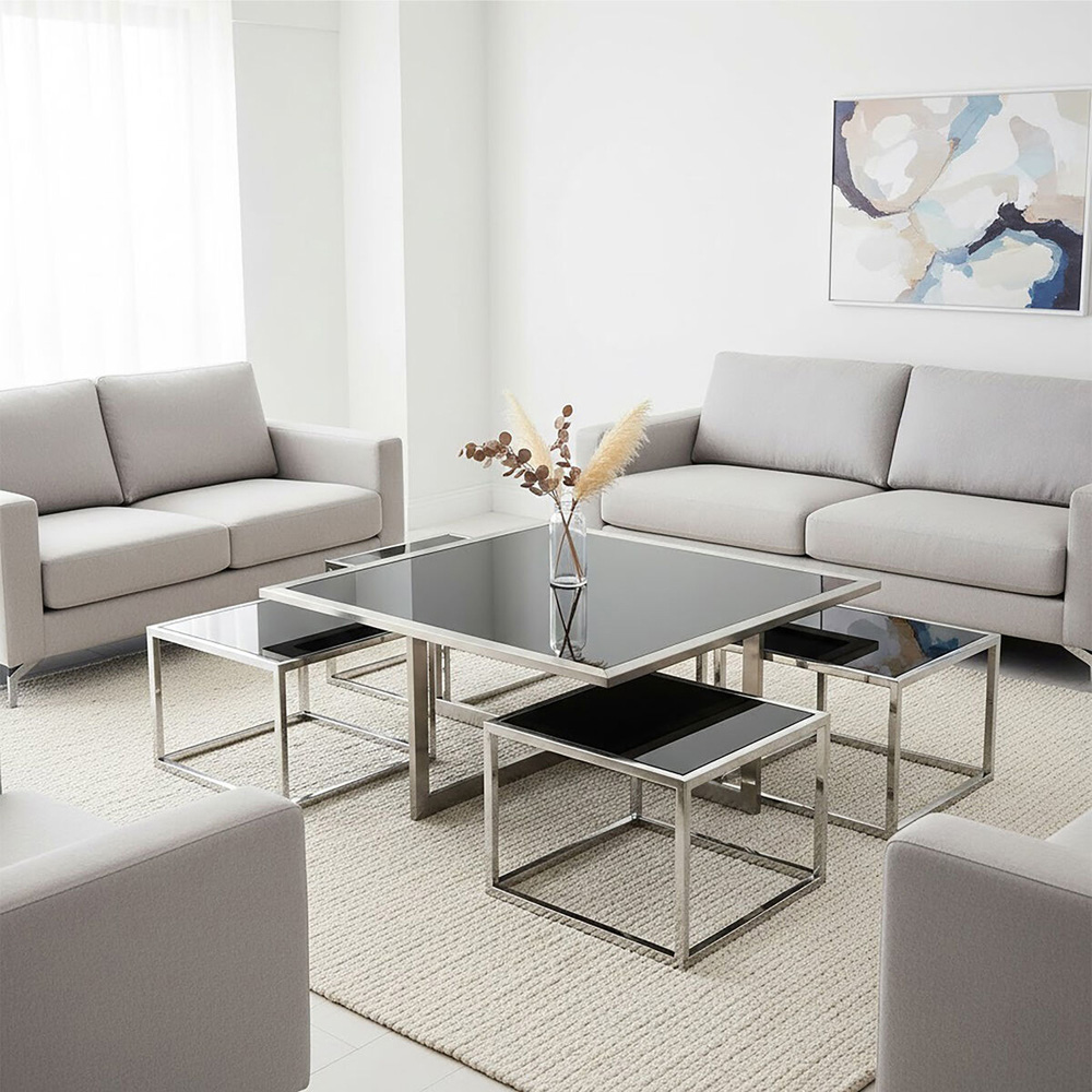 Premier Housewares Horizon 4 Seater Silver Coffee Table and Stool Set Image 2