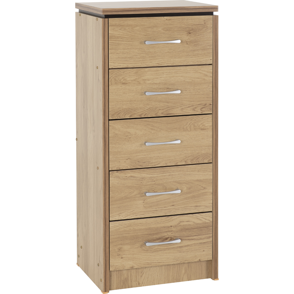 Seconique Charles 5 Drawer Oak Effect Veneer Narrow Chest of Drawers Image 2