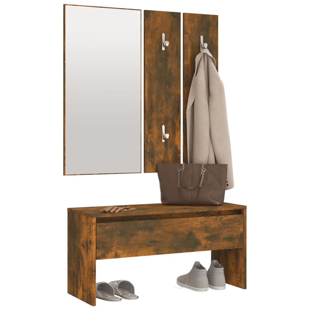 vidaXL Smoked Oak Wooden Hall Bench and Mirror Set Image 3