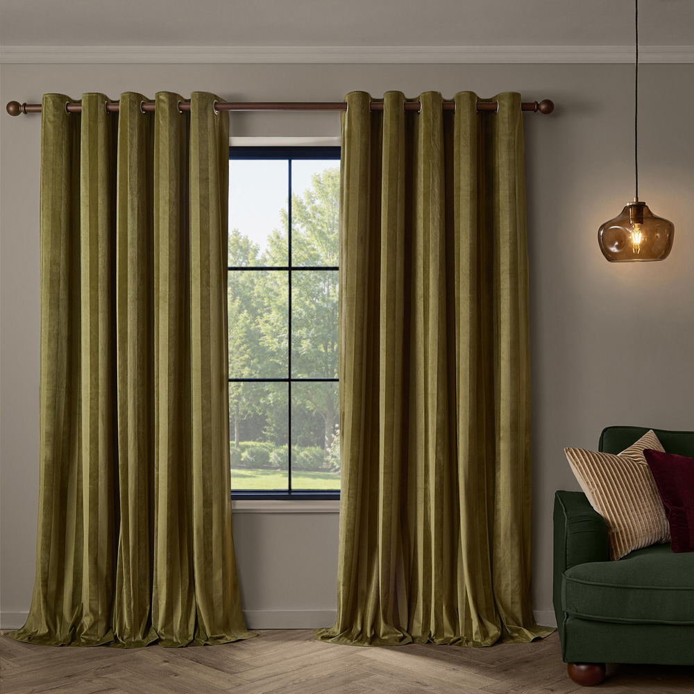 Paoletti Regency Olive Stripe Velvet Lined Eyelet Curtains 229 x 229cm Image 6