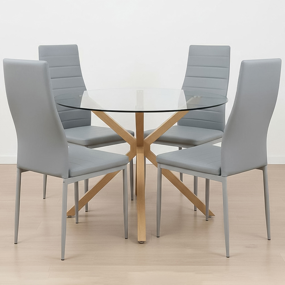 Portland 4 Seater Faux Leather Glass Tabletop Round Dining Set Grey Image 1
