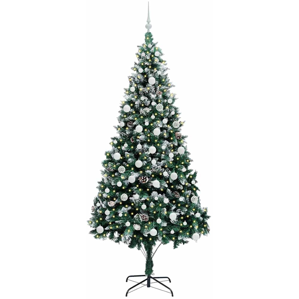 vidaXL Pre-Lit White Baubles Green Artificial Christmas Tree 7ft Image 1