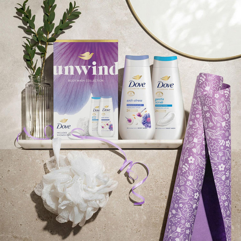 Dove Unwind Gentle Scrub and Anti Stress Bodywash Duo Gift Set 225ml 2 Pack Image 2