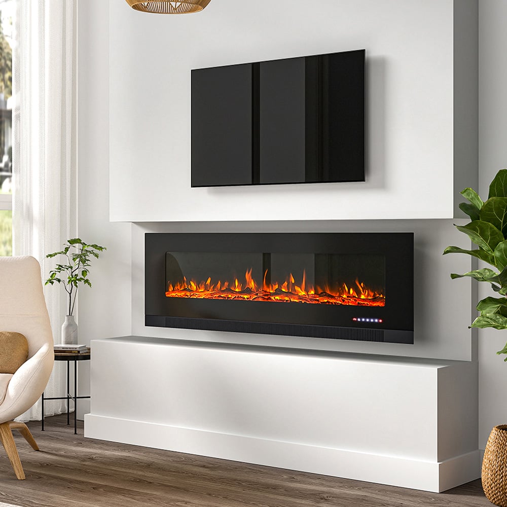 Living and Home Wall Mounted Recessed Electric Fireplace with Faux Log and Pebble Accents 60 inch Image 8