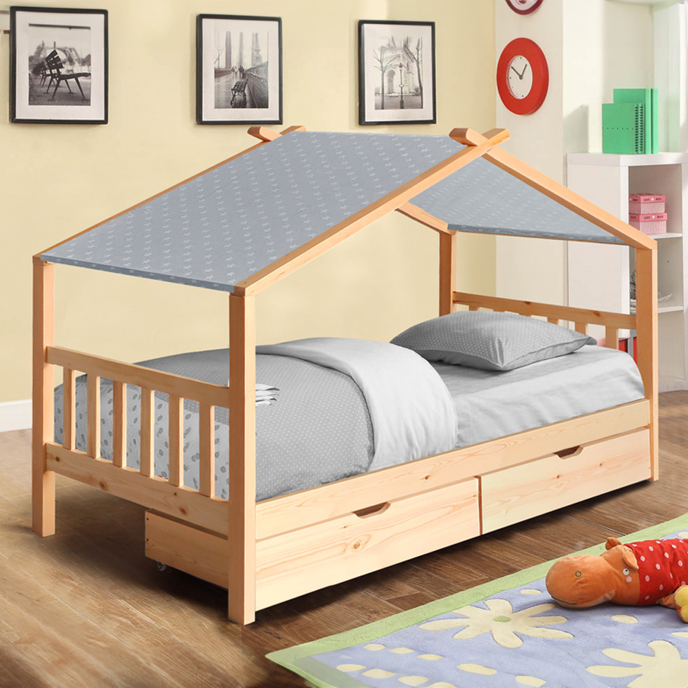 Brooklyn Single Natural Wooden House Storage Bed with Grey Tent Image 1