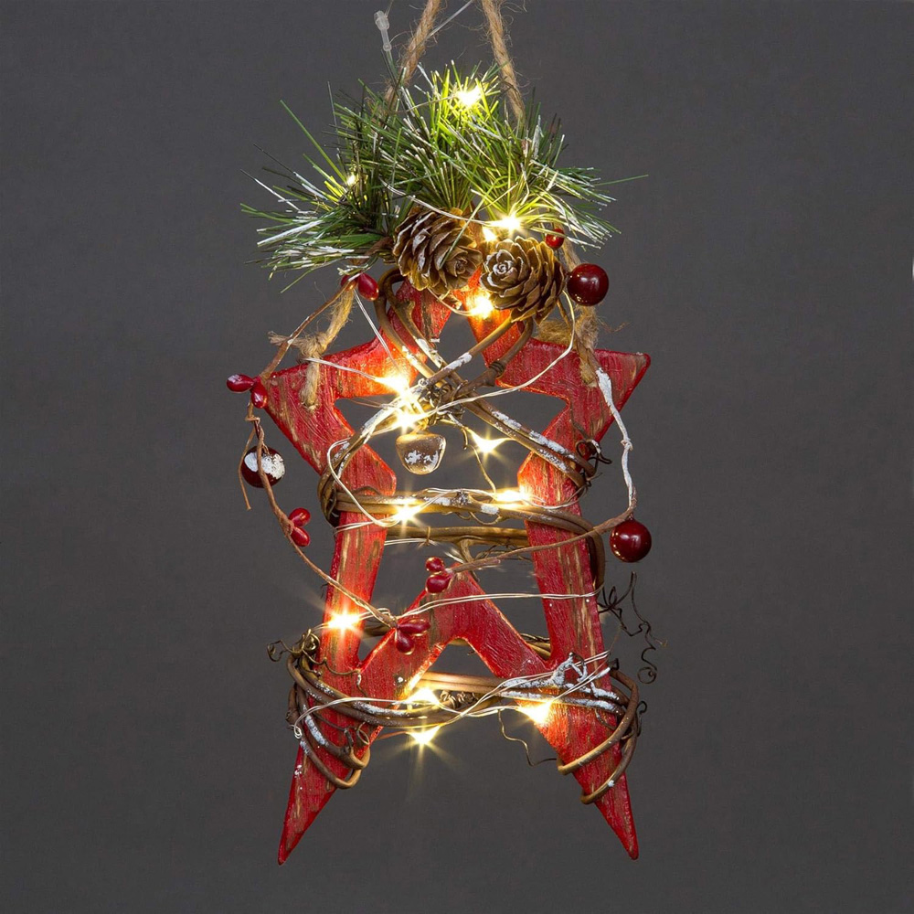 Shatchi Red Wooden Star 15 Warm White LED Christmas Decoration 20cm Image 2