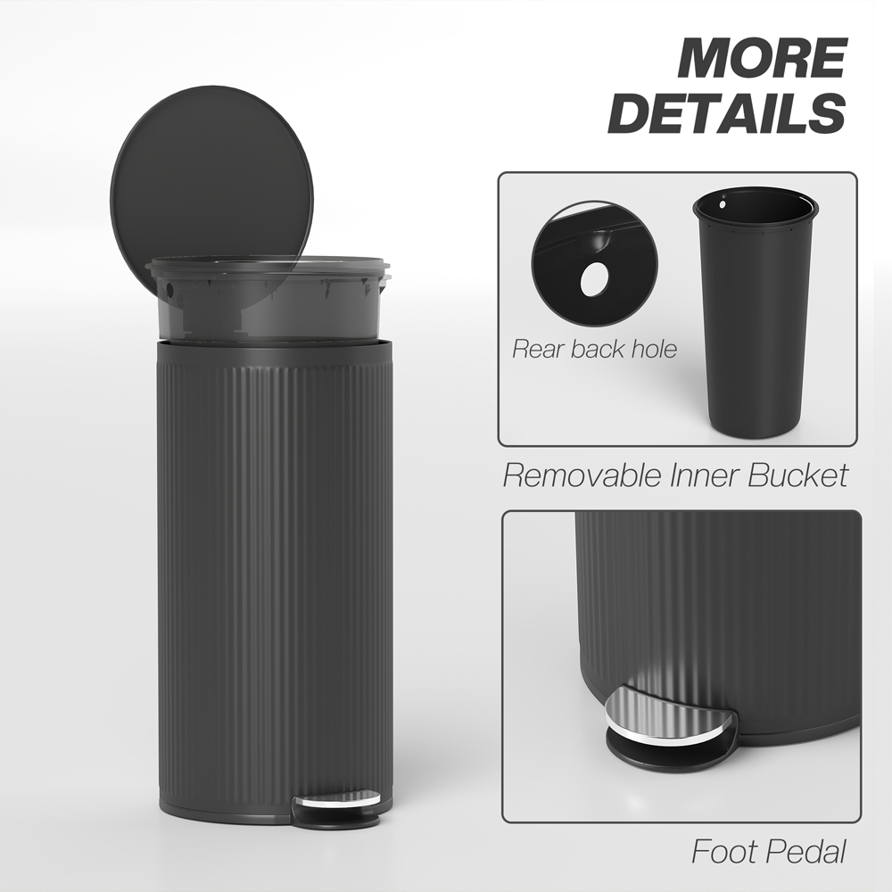 HOMCOM Black Round Pedal Bin with Removable Inner Bucket and Soft-Close Lid 30L Image 7