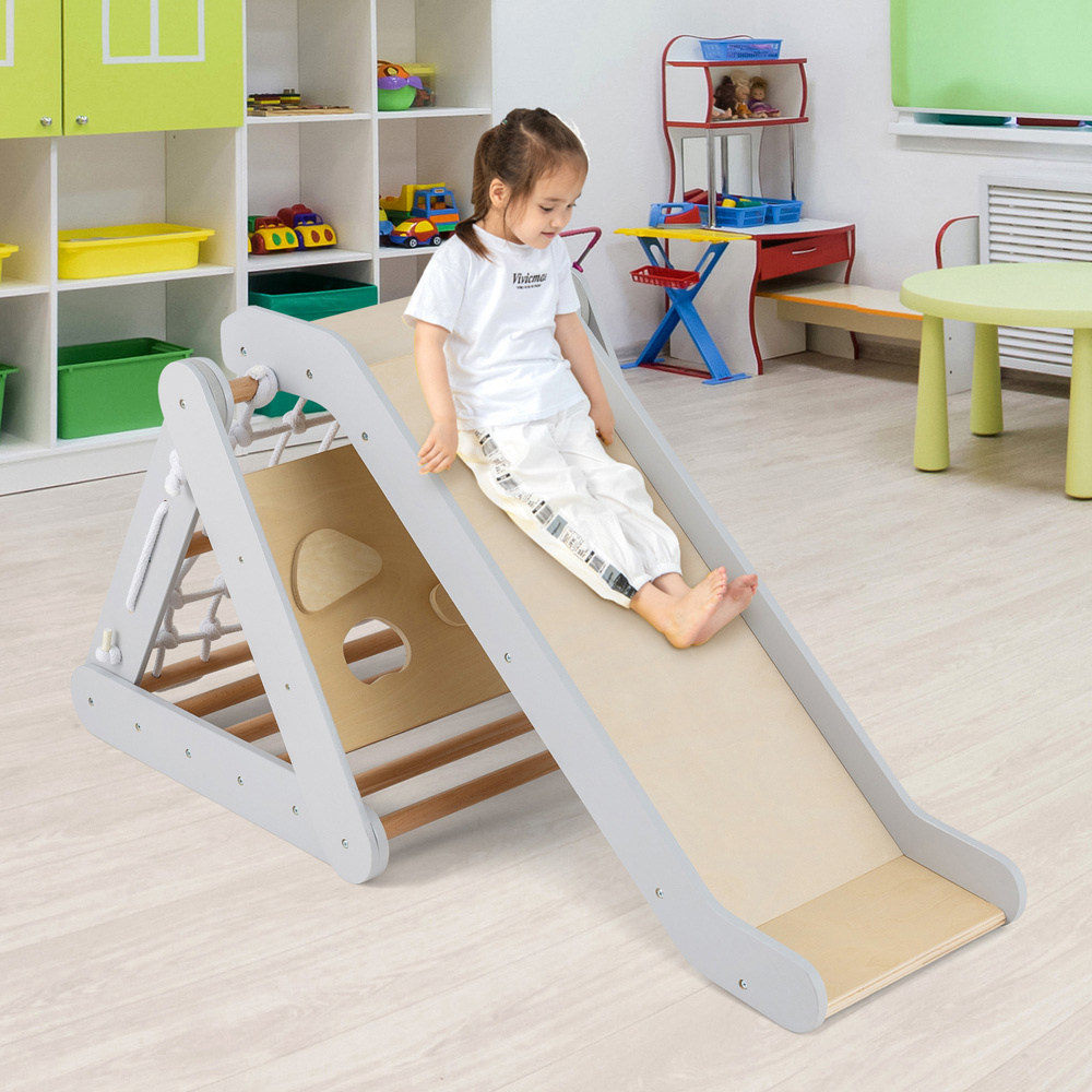 Costway 4 in 1 Grey Wooden Triangle Toddler Climber with Ramp Image 2