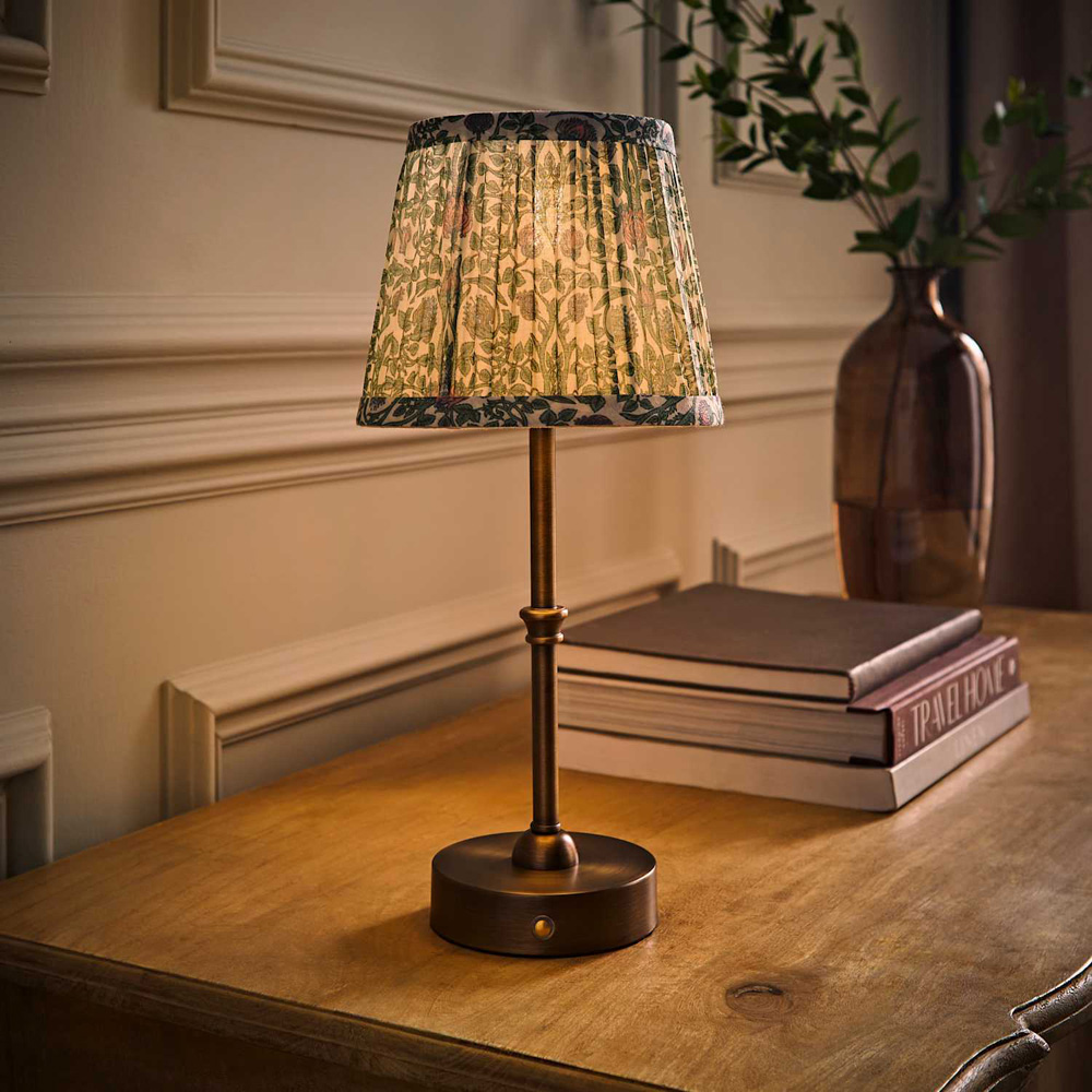 ValueLights Lowe Green Floral Pleated Shade Brass Rechargeable Table Lamp with Bulb Image 2