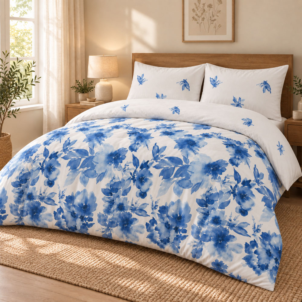 MHG Living Double Blue Blossom Floral Bird Reversible Duvet Cover Set Image 1