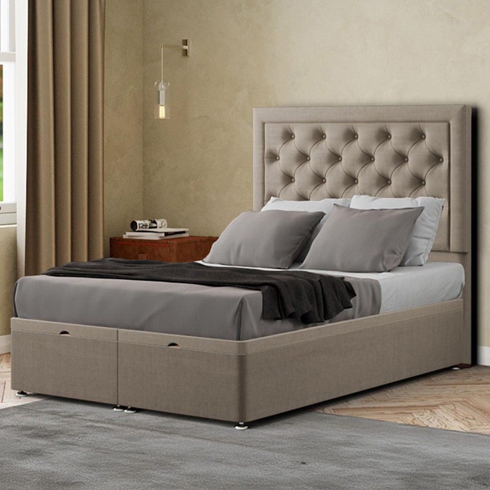 Eleganza Castle Small Double Beige Linen Ottoman Bed with Floor Standing Headboard Image 1