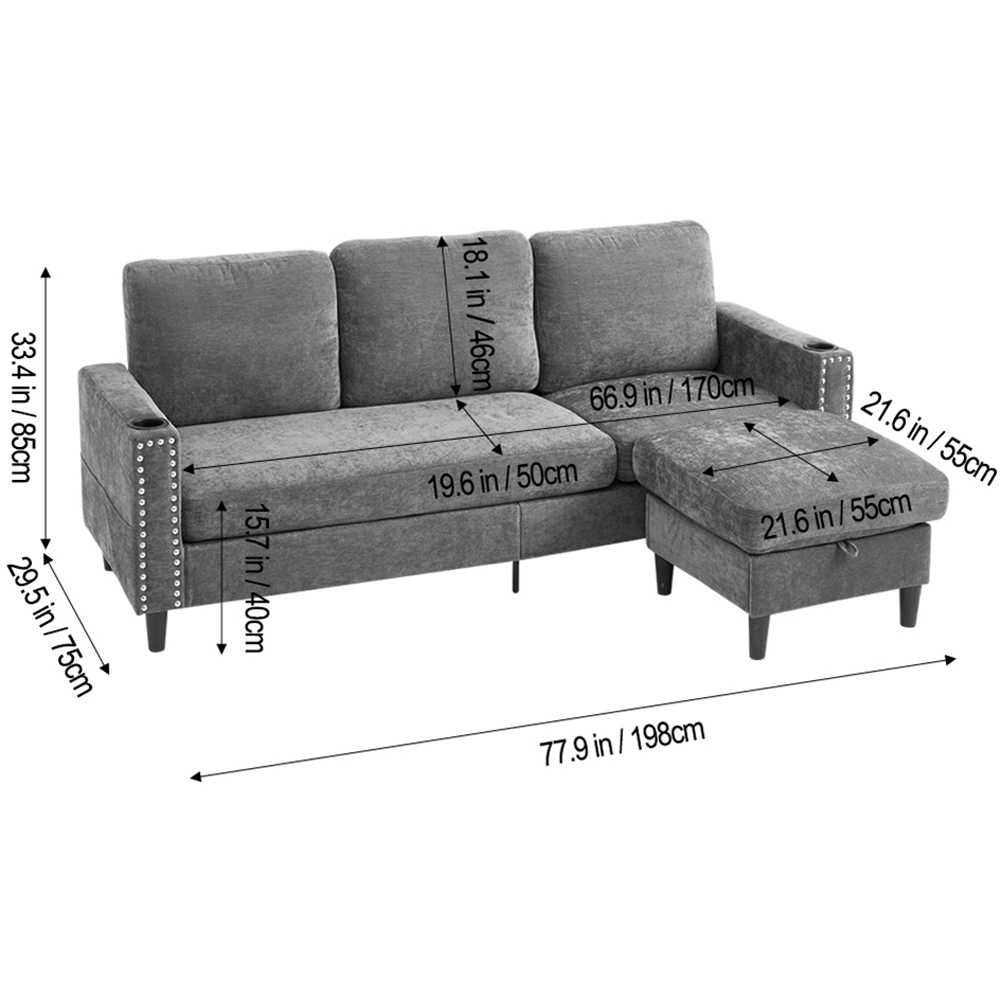 Living and Home 4 Seater Grey Chenille Sofa with Footstool and Cup Holders Image 9