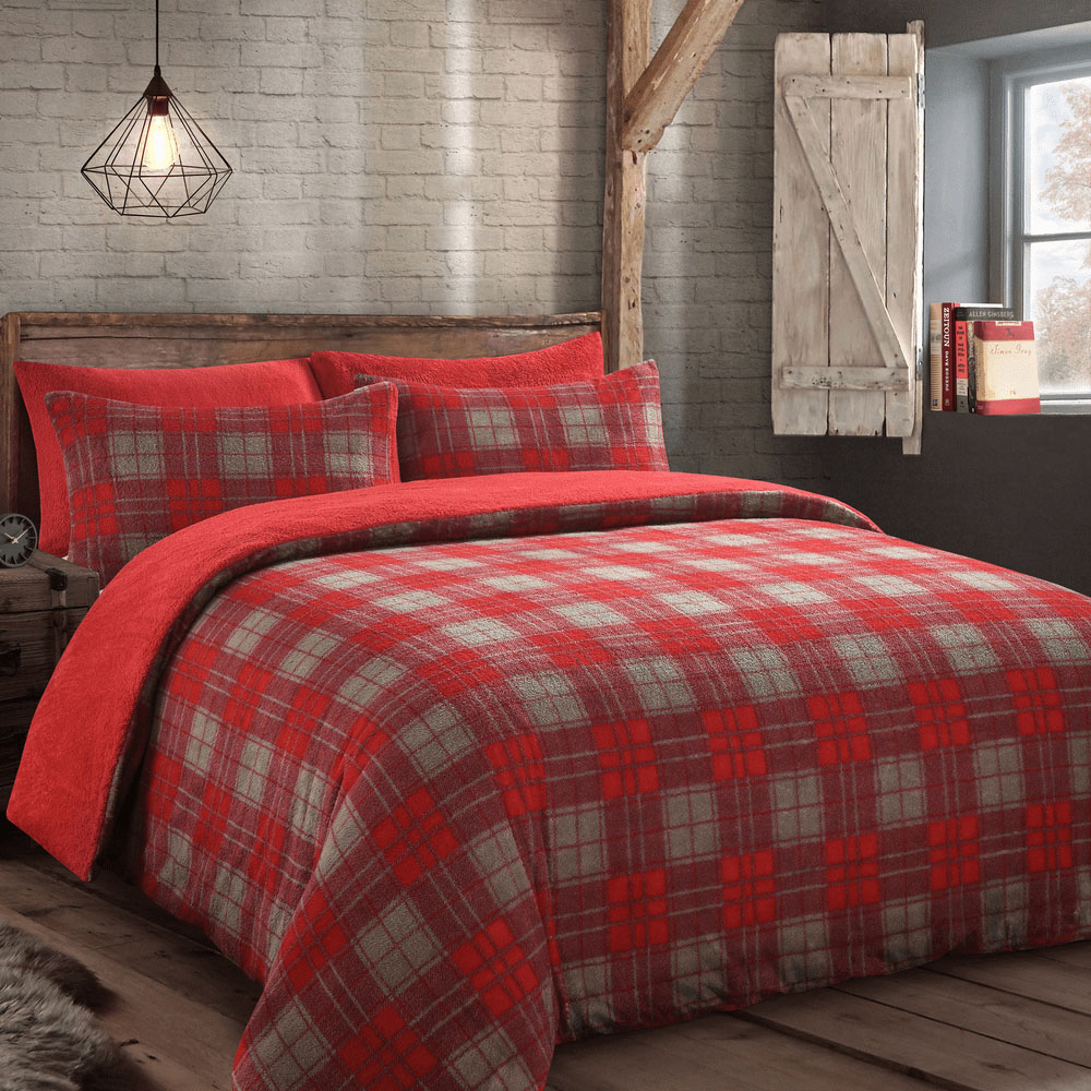 Velosso Single Red Check Teddy Fleece Duvet Set Image 1
