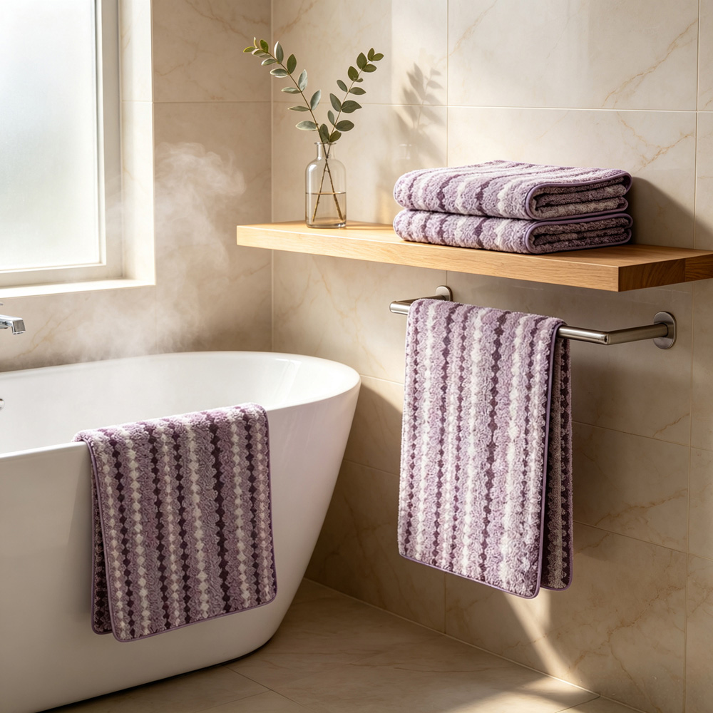 Living and Home Soft Polyester Purple Zigzag Wave Towel Set of 4 Image 7