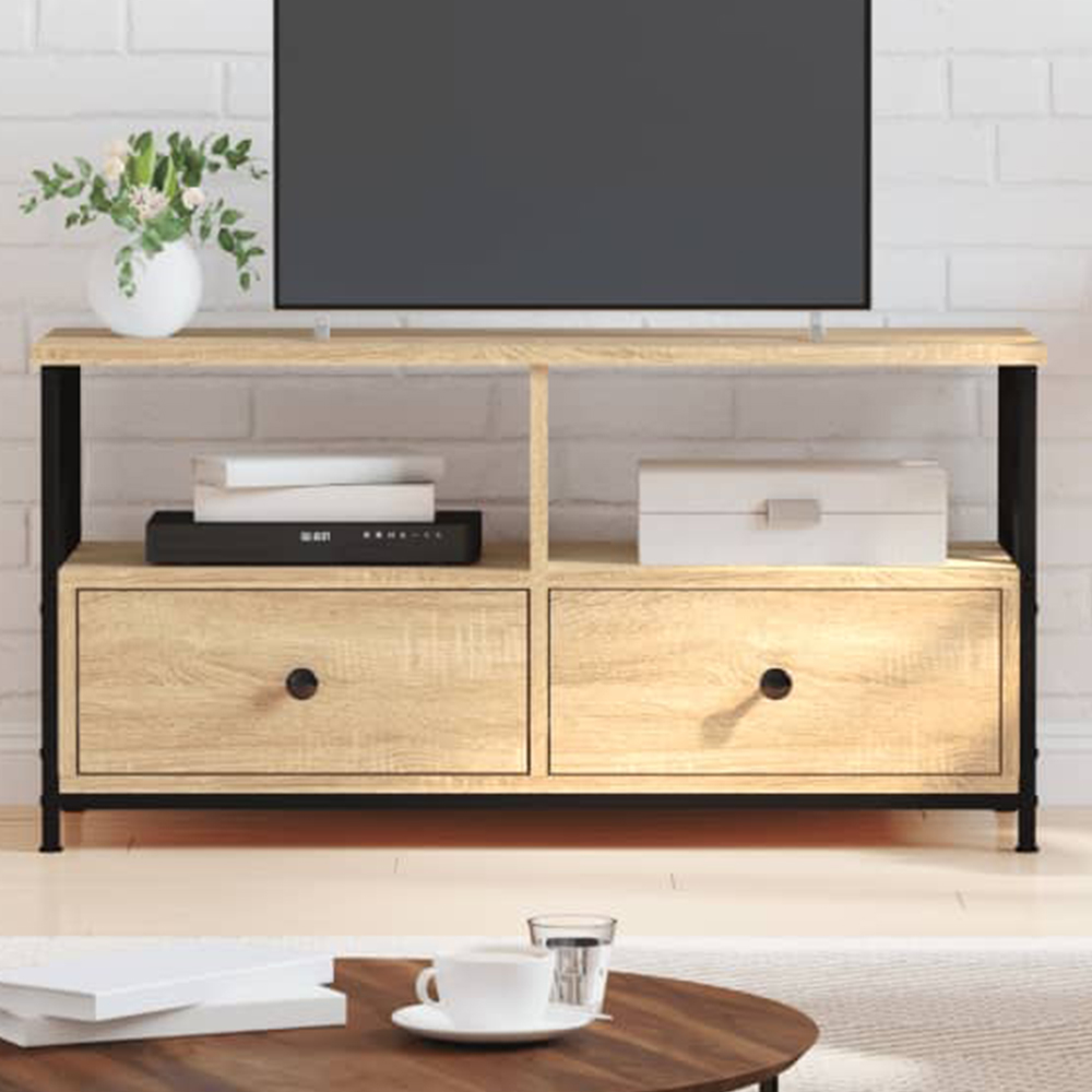vidaXL 2 Drawer 2 Open Shelf TV Cabinet with Black Handles Image 1