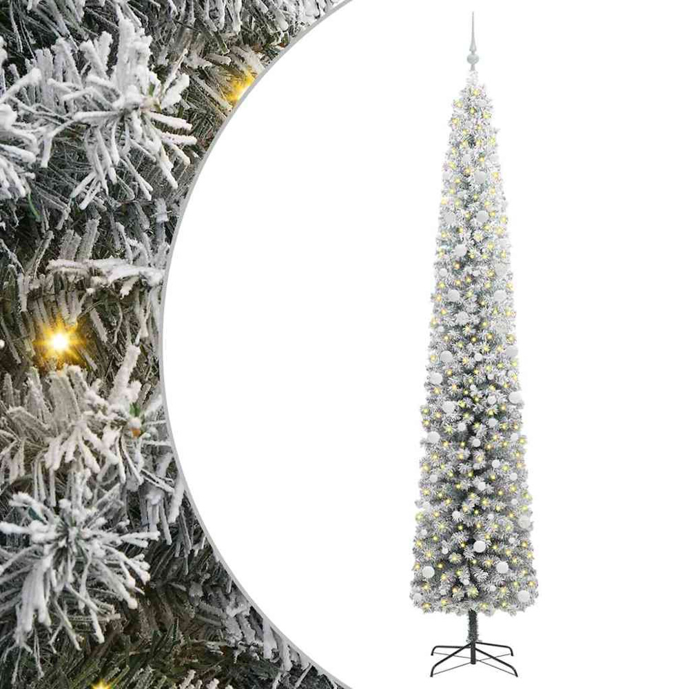 vidaXL 300 LED Pre-Lit White Baubles Green Artificial Snow Flocked Christmas Tree 10ft Image 2