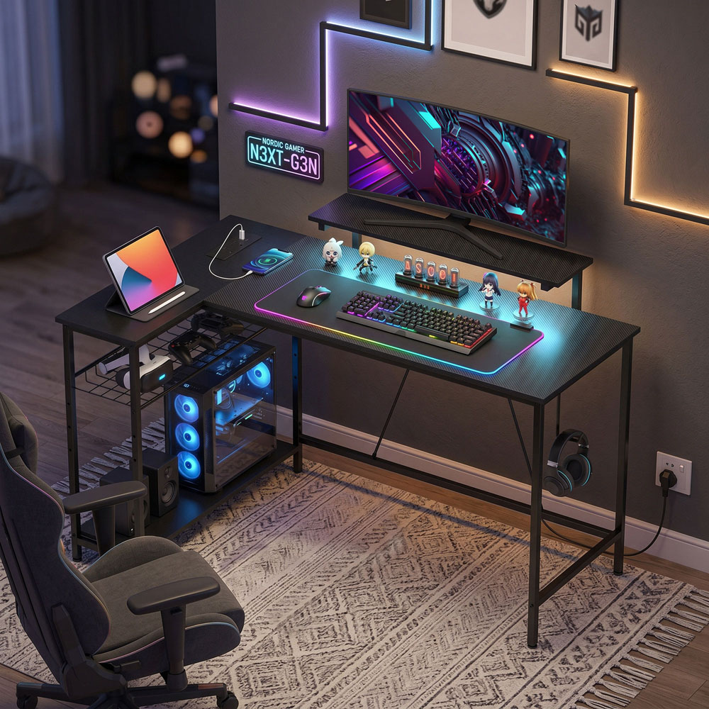 HOMCOM 3 Shelf L-Shaped Office Desk with LED Black Image 3