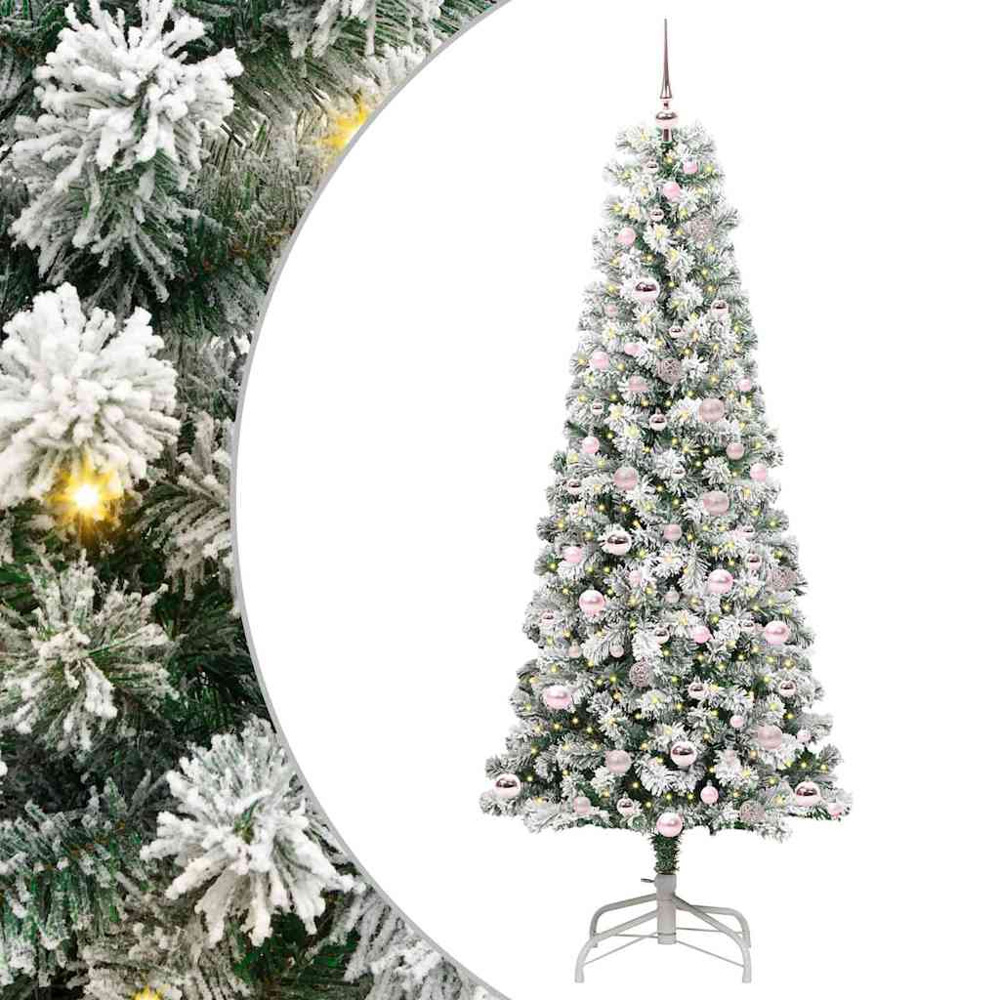 vidaXL Pre-Lit Warm White LED and Pink Baubles Snow Flocked Artificial Christmas Tree 7ft Image 2