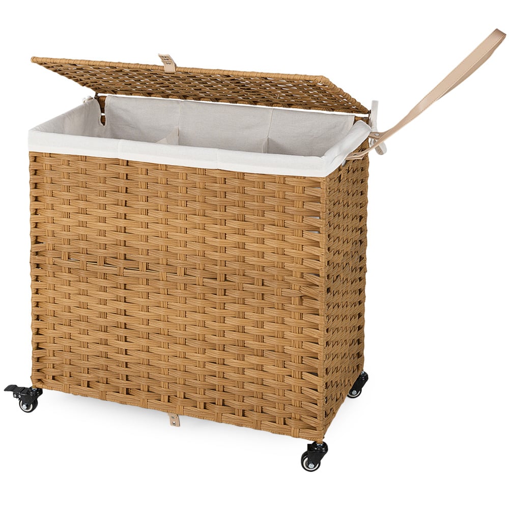 Costway Natural 2 Bags Handwoven Rattan Laundry Hamper with Lid and Wheels 125L Image 1