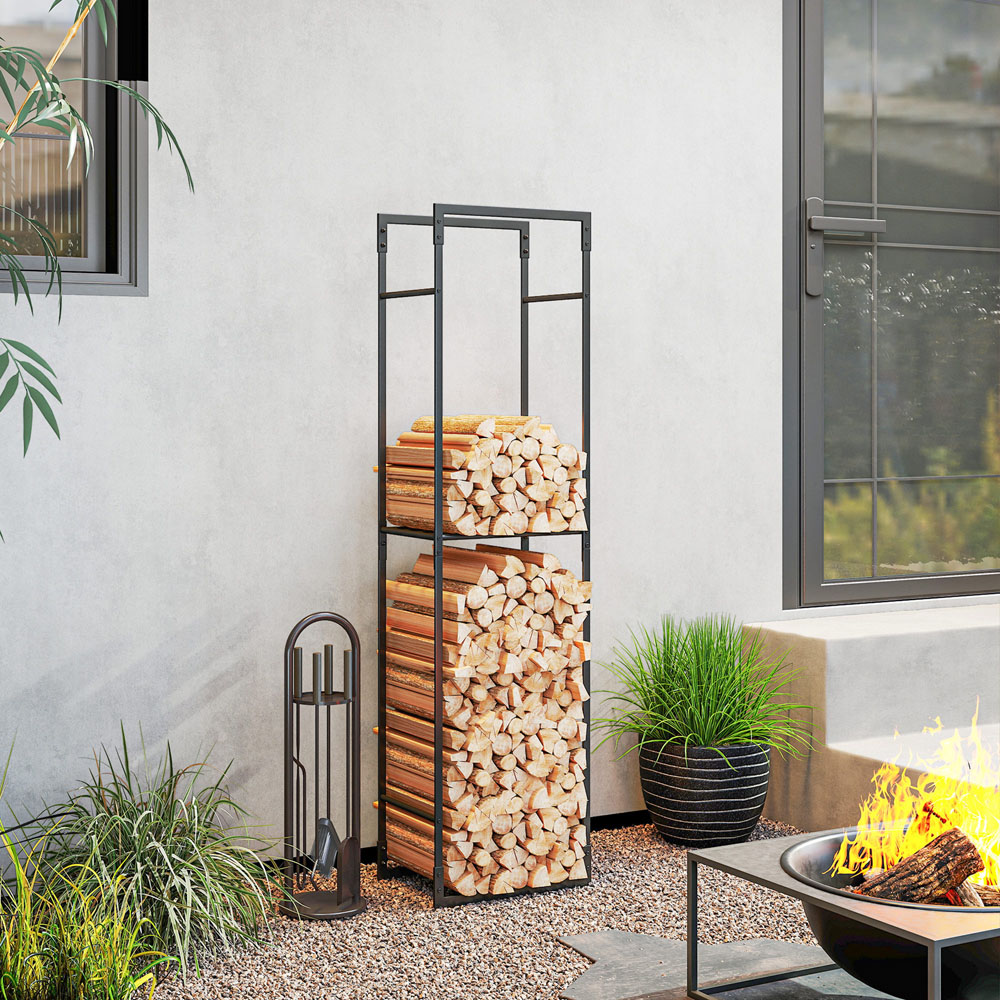 Outsunny Black Metal Firewood Log Holder with Adjustable Shelf 170 x 31 x 45cm Image 2