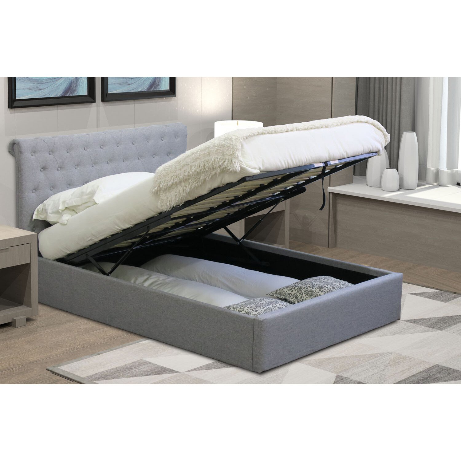 Harper Double Grey Fabric Ottoman Bed Image 6
