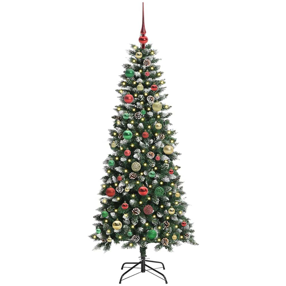 vidaXL Pre-Lit Multicolour Baubles Green Artificial Snow Tipped Christmas Tree 5ft Image 1