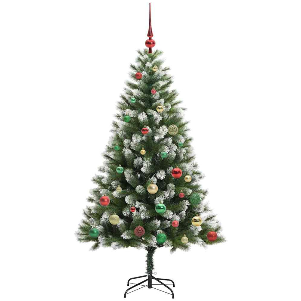 vidaXL Pre-Lit Multicolour Baubles Green Artificial Snow Tipped Hinged Christmas Tree 5ft Image 4