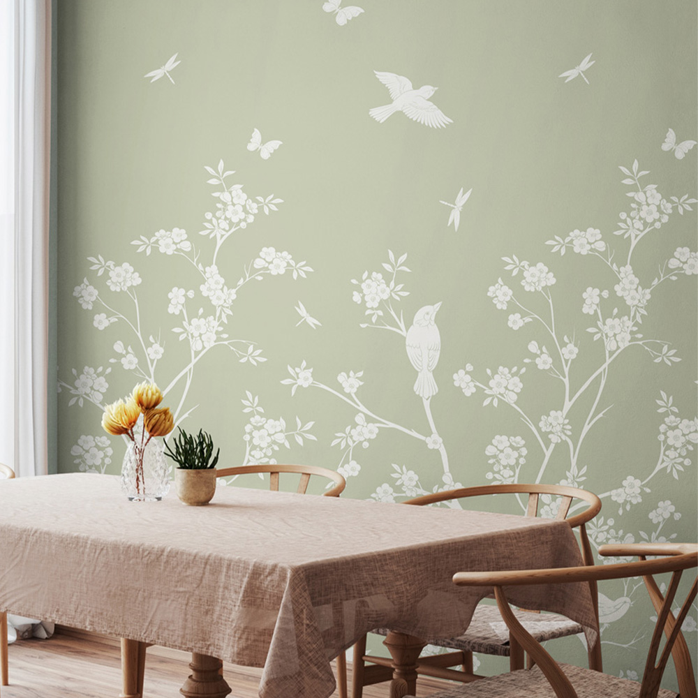 Origin Murals Repeatable Blossom Trail Soft Green 3 Drop Wall Mural Image 1