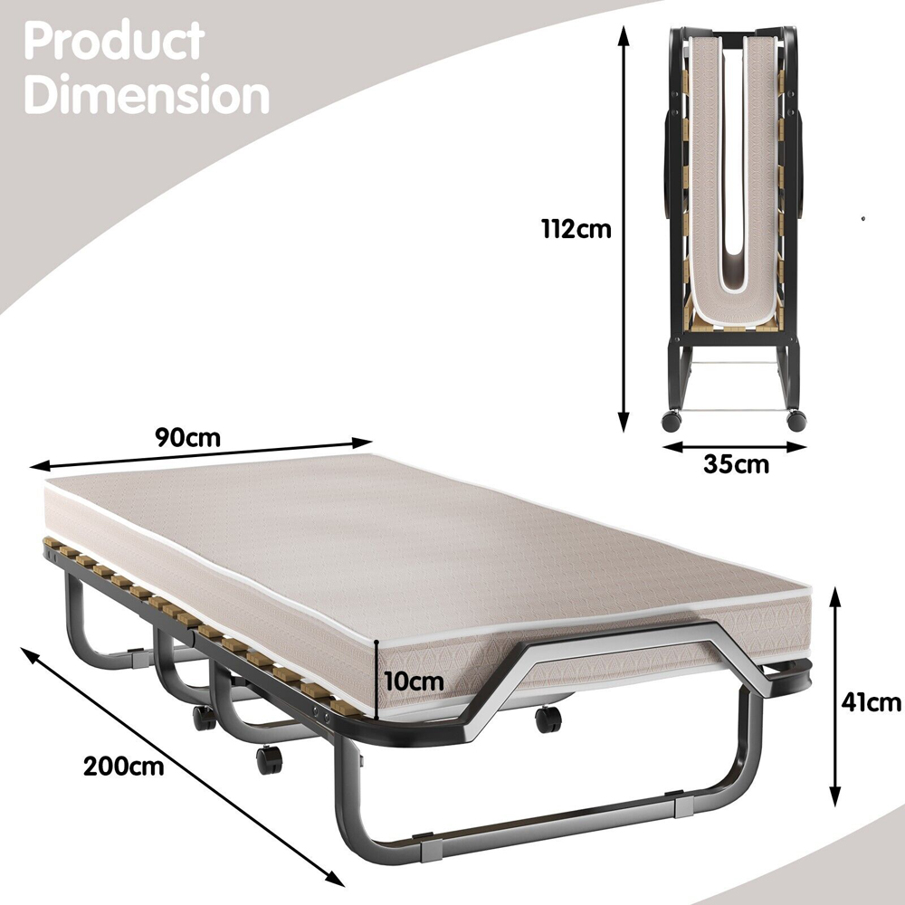 Costway Single White Folding Bed with Memory Foam Mattress Image 9