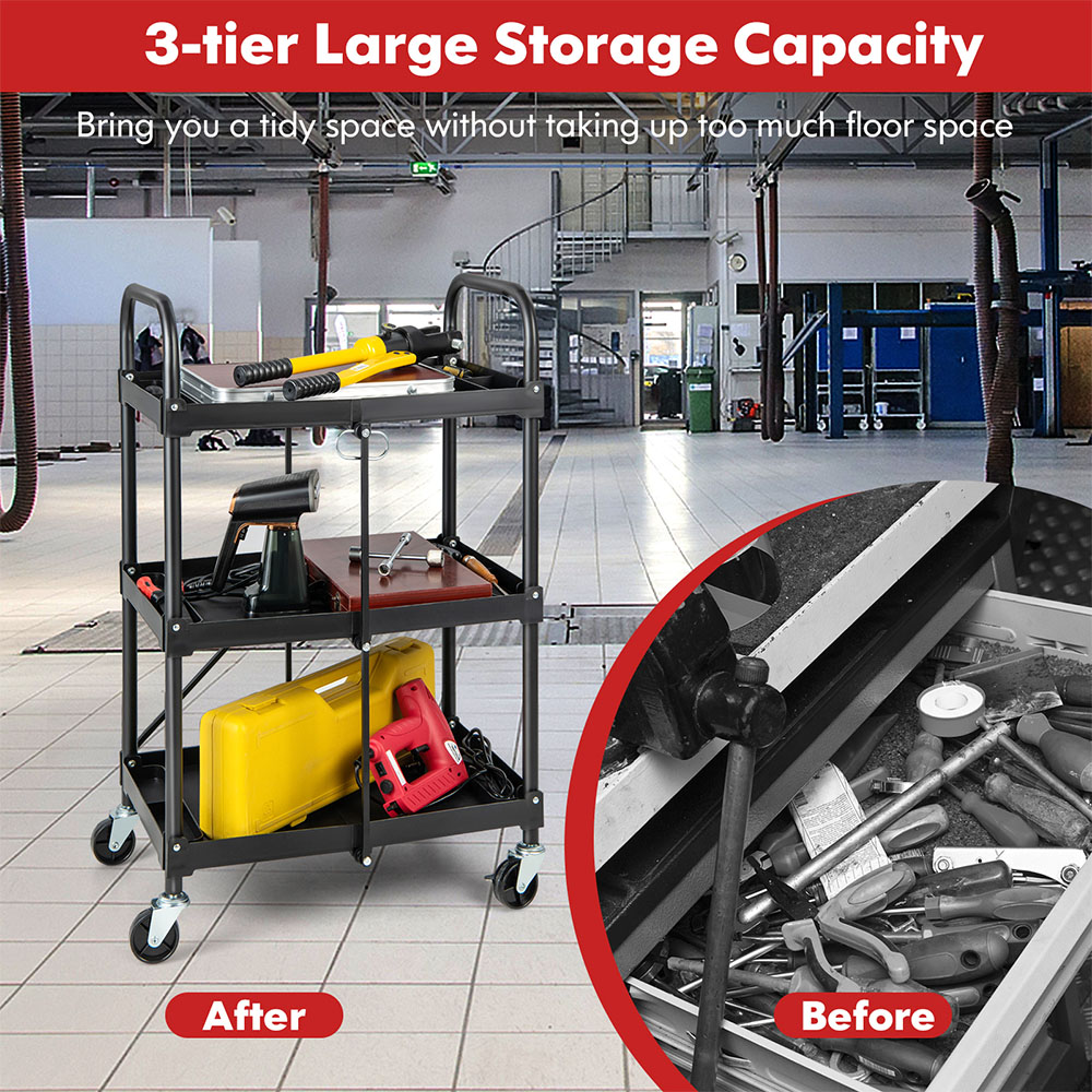 Costway 3 Shelf Folding Tool Trolley with Lockable Wheels Image 7