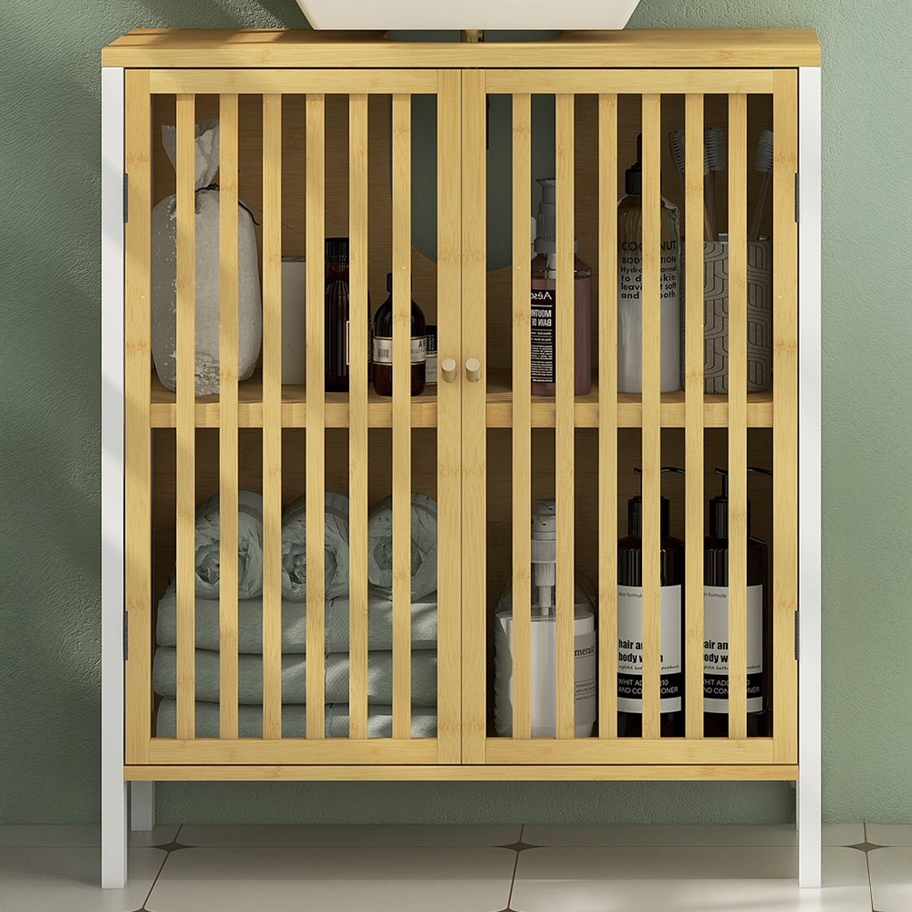 HOMCOM 2 Door White Bamboo Under Sink Bathroom Cabinet Image 1