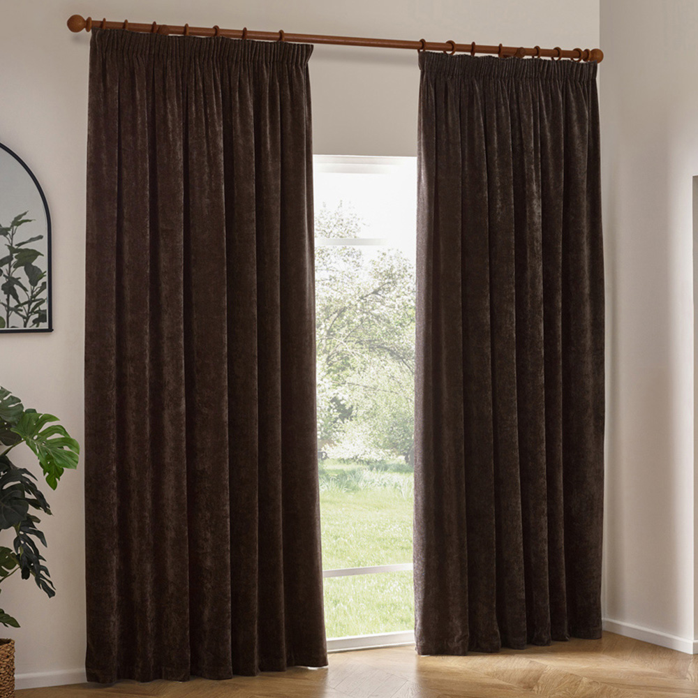 Yard Heavy Brown Chenille Blackout Pencil Pleat Curtains 117 x 183cm Image 1