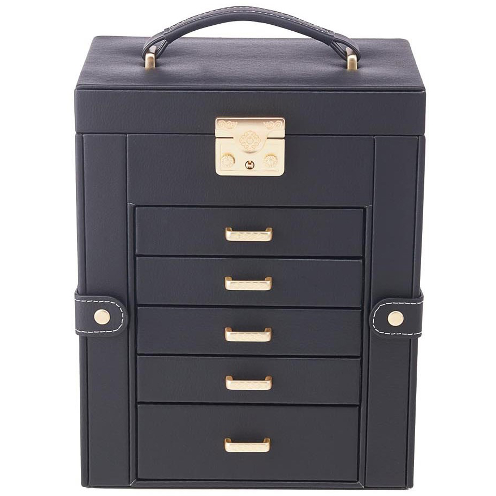 Living and Home 5 Drawer Black Faux Leather Jewellery Box with Mirror Image 3